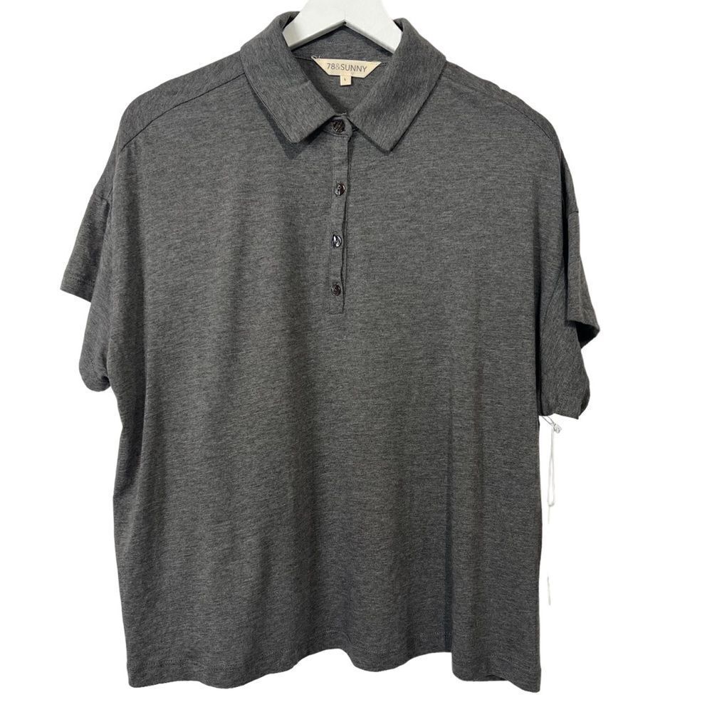 NWT 78 & Sunny Irvine Loose Button Polo size Large Charcoal Grey Linen Blend Top